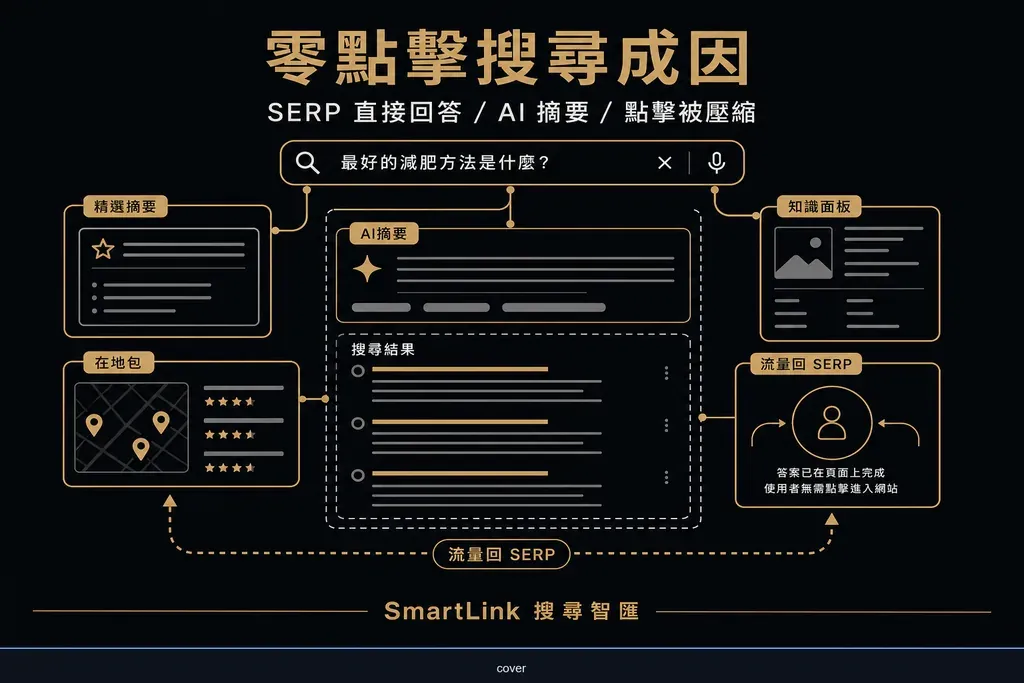 零點擊搜尋成因與 Google SERP 直接回答機制示意圖