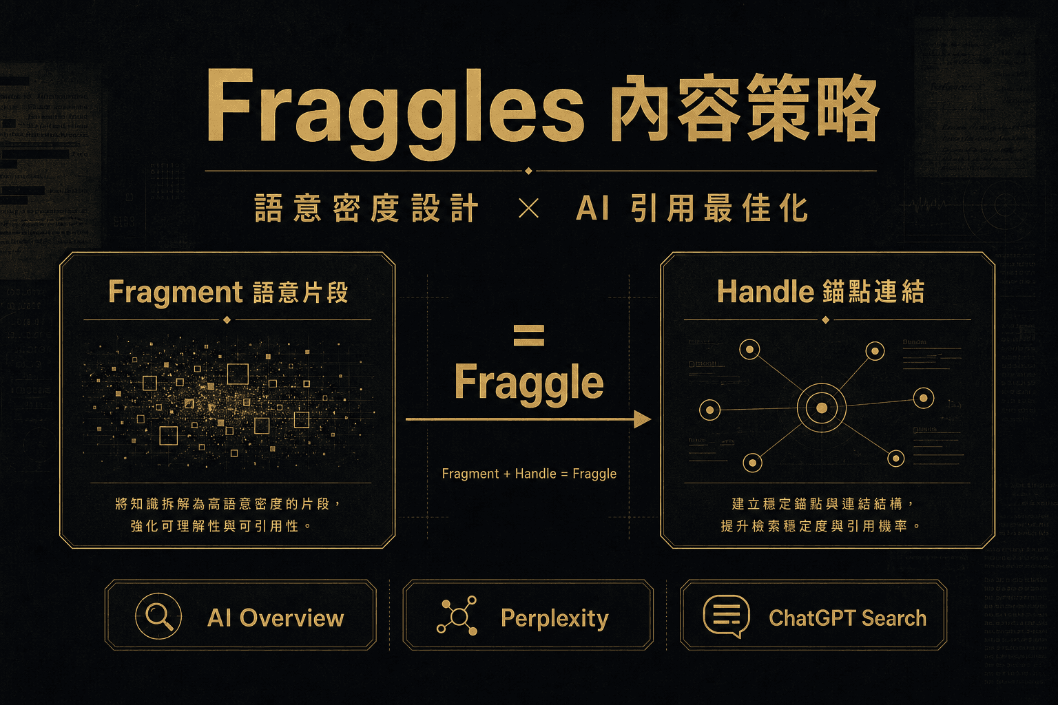 Fraggles 內容策略：fragment 加 handle 雙結構與 AI 引用機制示意圖