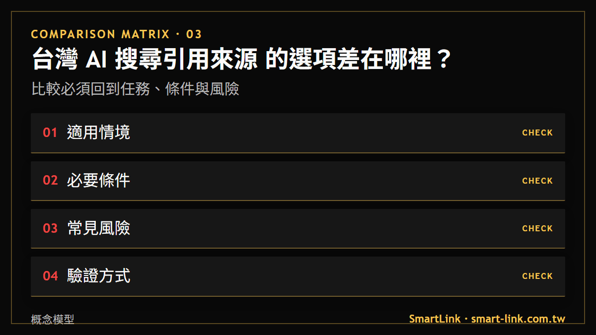 台灣 AI 搜尋引用來源 的選項差在哪裡？：比較必須回到任務、條件與風險